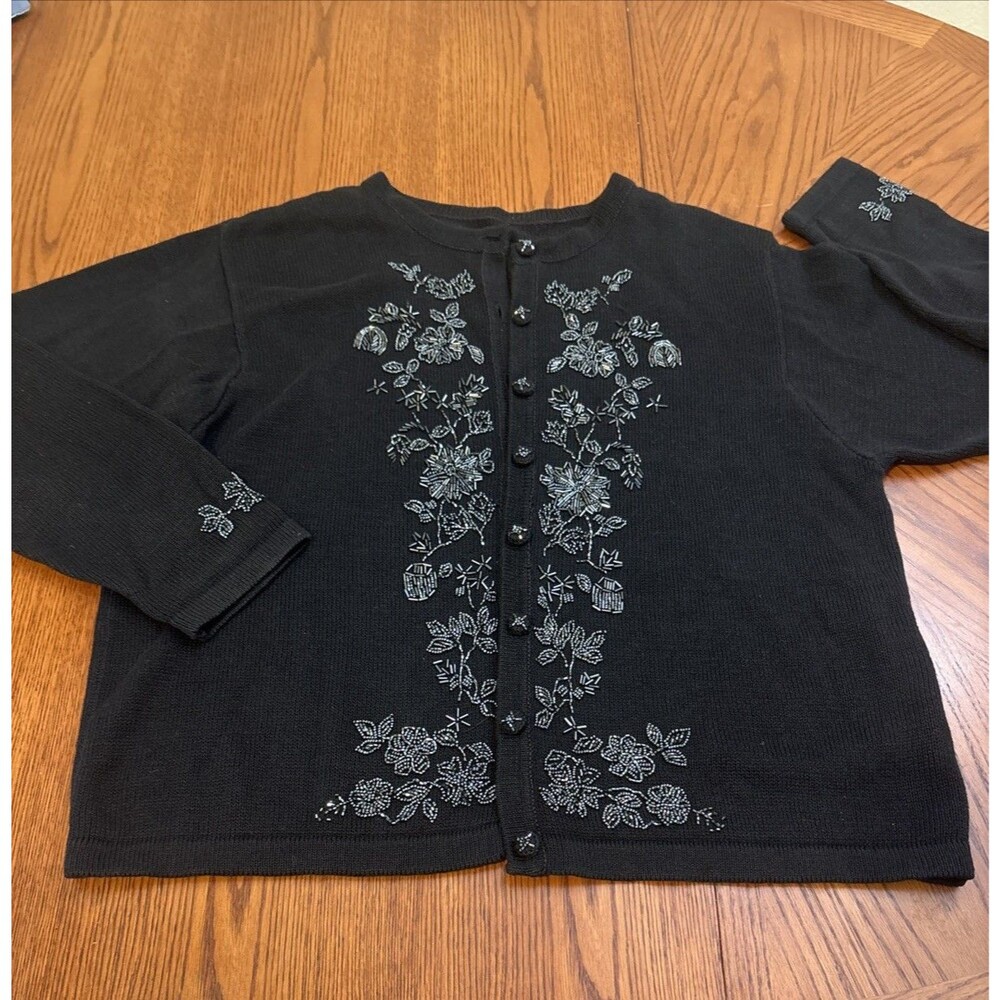 Vtg Victoria Jones Black Beaded Cardigan - Floral Embroidery - Fits Modern L/XL